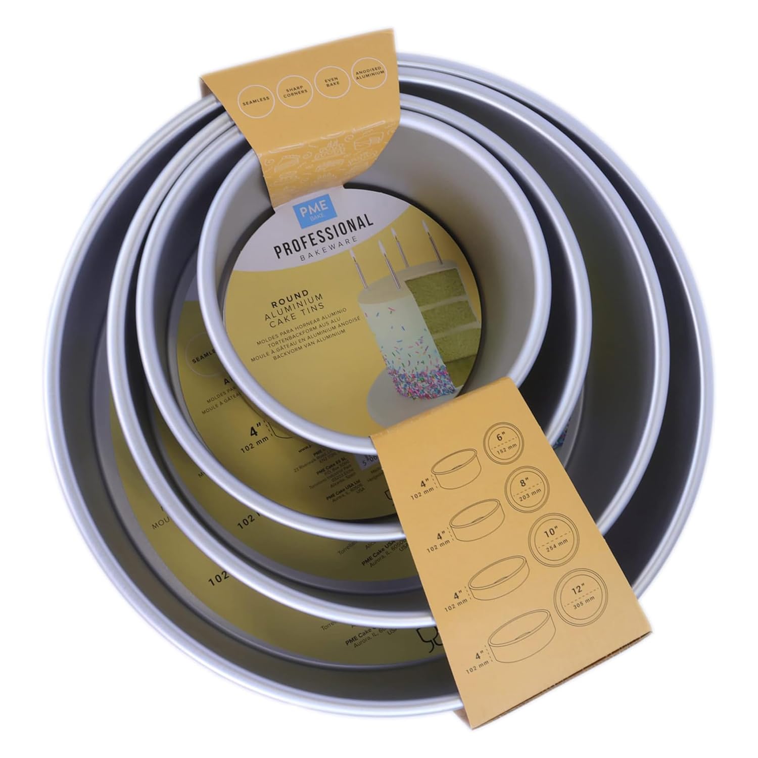 PME - Teglie Professionali Tonde 15, 20, 25, 30 cm x 10 cm di Profondità, 4 Pezzi