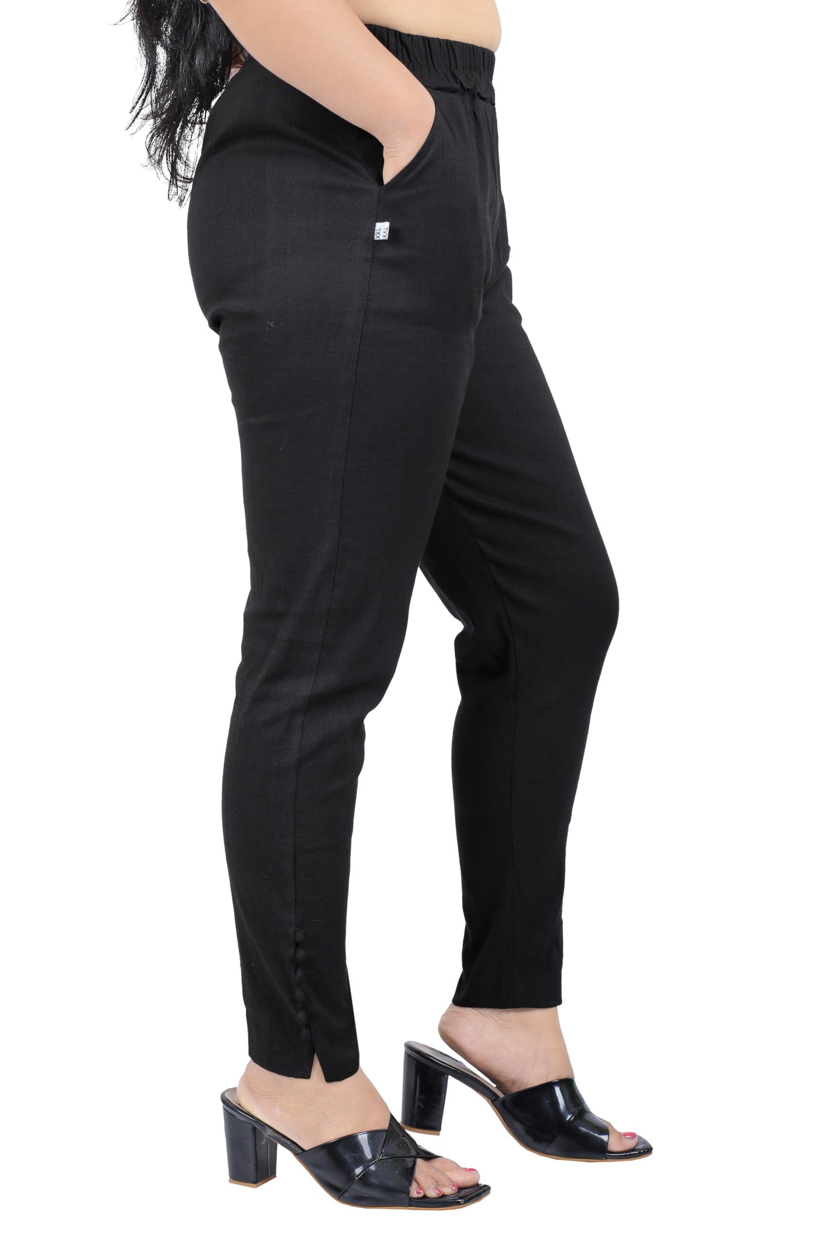 Women's Cotton Linen Cigarette Pants, Elastic Waist with Slit at The Edge with potli Button Side Pockets, Ankle Length-image-18