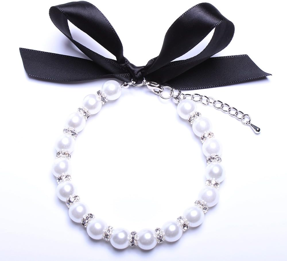 SKS PET Snow White Dog Cat Pearls Necklace Collar Bling Accessories Ribbon Charm Pet Puppy Jewelry for Female Dogs Cats Small Medium (S)