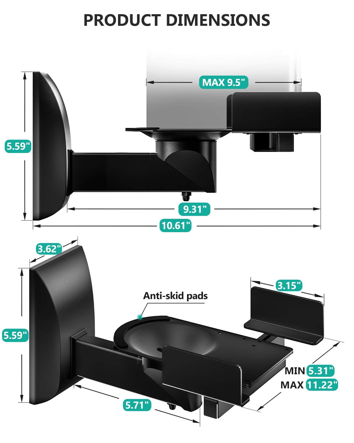 WALI Staffa di montaggio a parete con doppio morsetto laterale per diffusori audio circostanti, fino a 24,9 kg (SWM201), nero