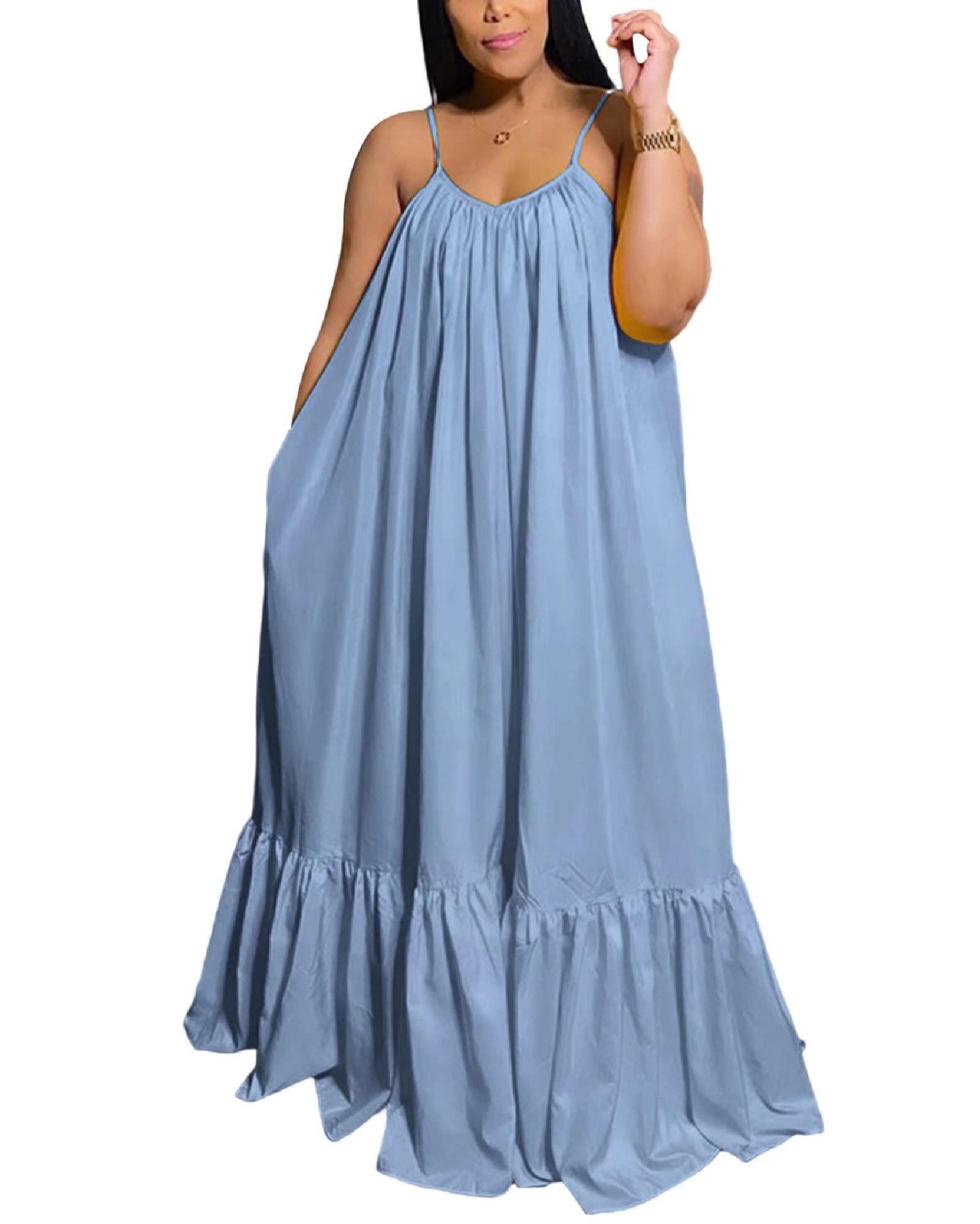 Adogirl Women's Sexy Spaghetti Strap Sleeveless Ruched Ruffle Hem Bandage Oversized Beach Loose Long Maxi Swing Dress