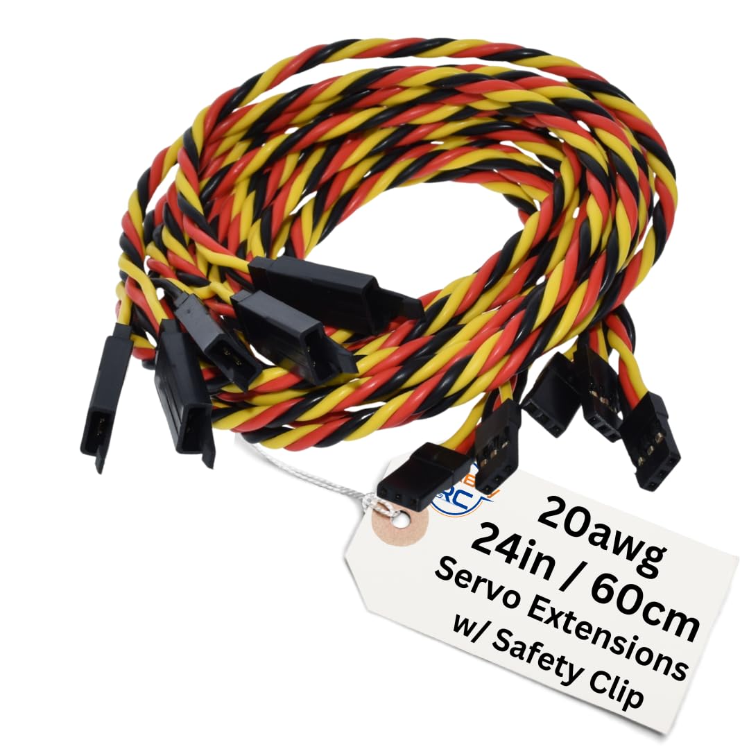 20awg Servo Extension Wire w/Safety Clip - 100 Strands for RC Vehicles, Drones, E-Bikes - 8 Lengths / 5 Wires per Pack (60CM / 24in)
