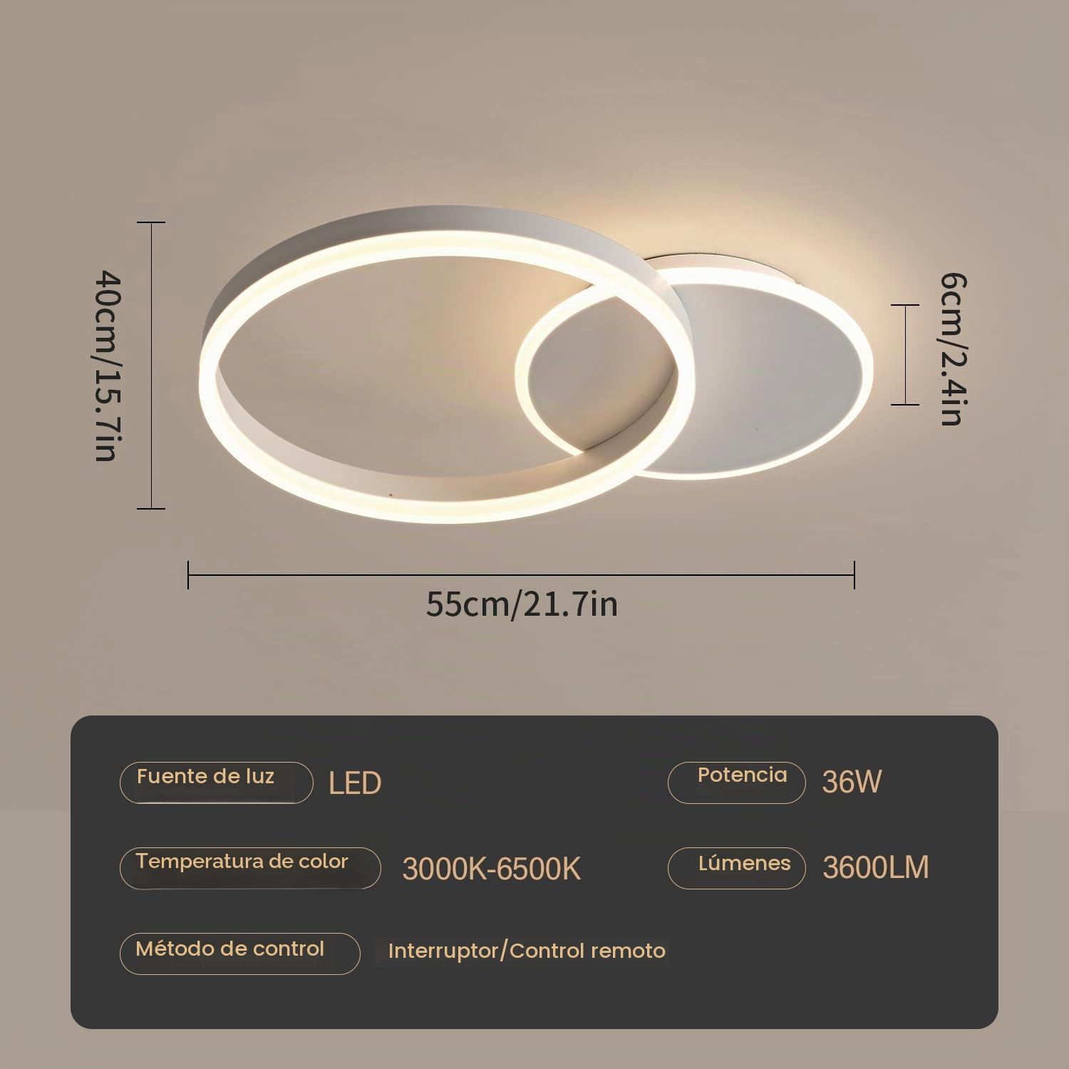 Plafon Led Techo Regulable, 36W 3600lm Lampara Techo Dormitorio, lamparas de techo salon Redonda Moderna de 55*40*6cm, Lampara Led Techo para salón, dormitorio, cuarto de niños, cocina (Blanco-36W)
