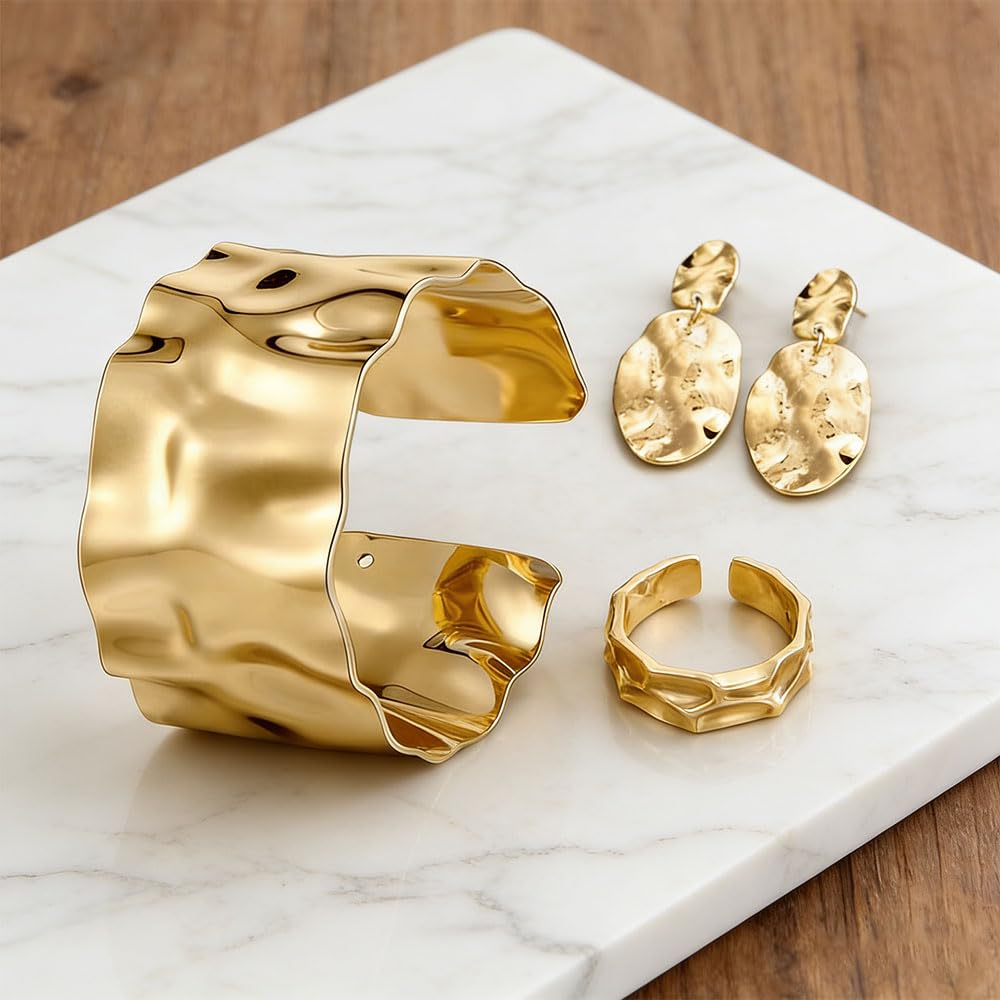 Joyas Mujer 3 Piezas Brazalete Anillo y Pendientes Ovalados Textura Metálica Irregular 18K Chapado para Uso Diario y Eventos (Dorado)