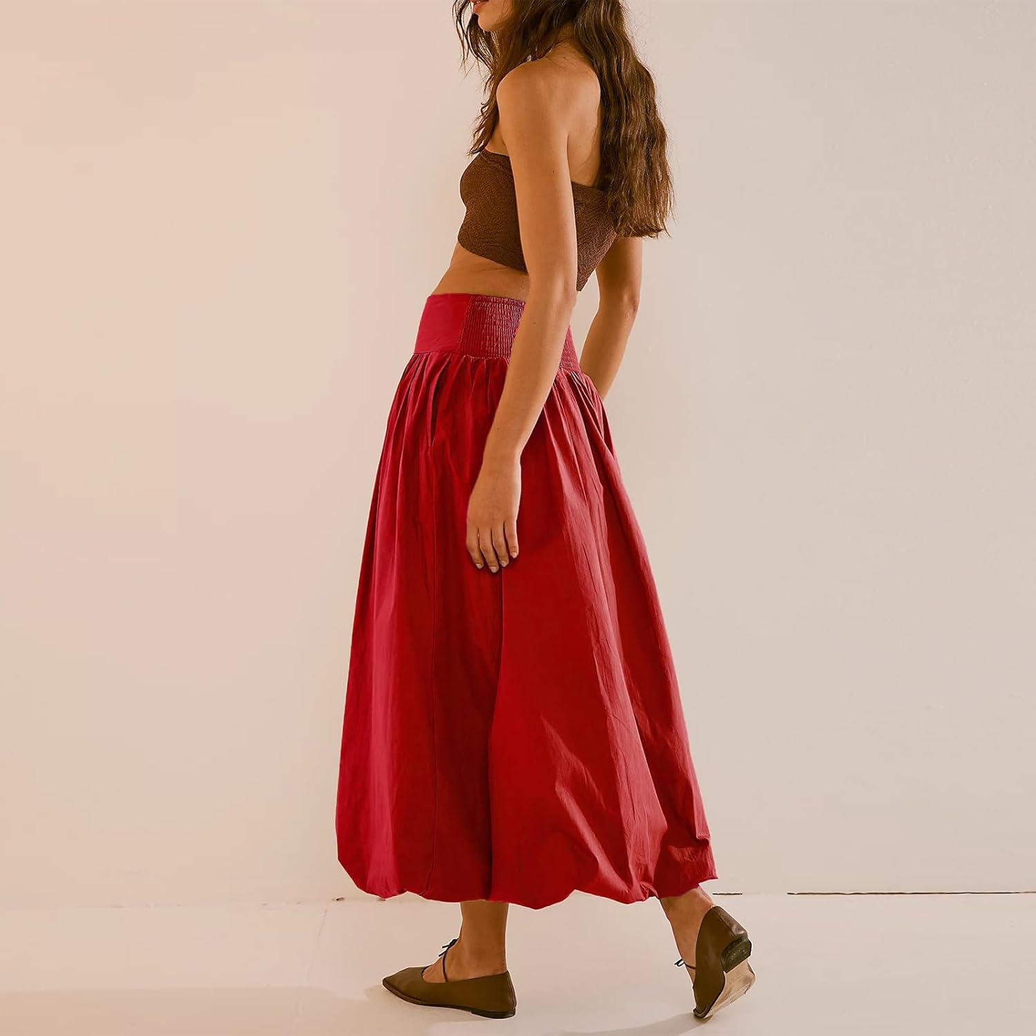 NUFIWI Women Y2k Bubble Maxi Skirt Low Elastic Waist A Line Long Skirt Summer Casual Ruffle Pleated Midi Dress - Image 6