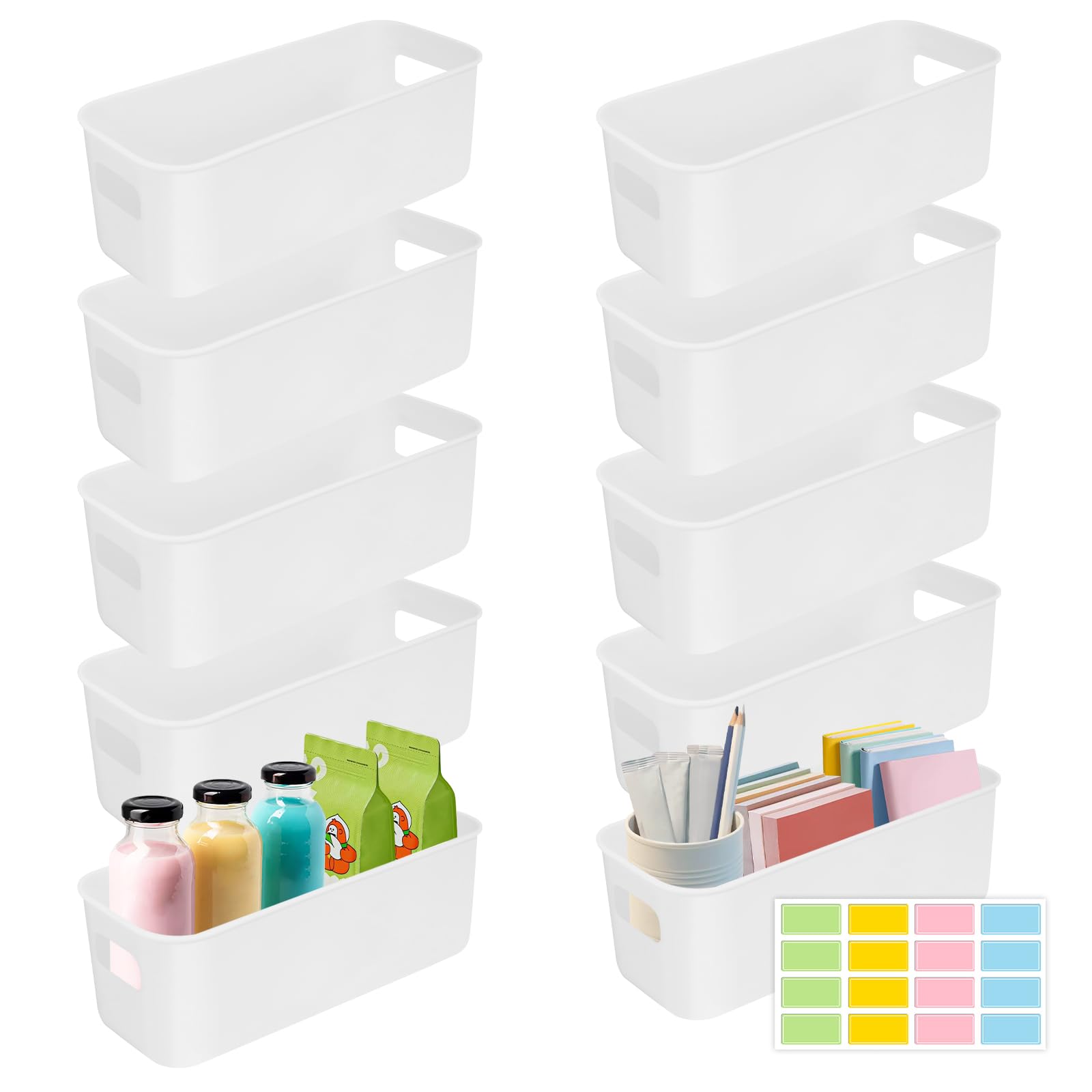 SHAIDOJIO 10PCS Plastic Storage Boxes, White Rectangle Storage Baskets With Handles-27 * 9 * 8cm, Kitchen Cupboard Storage With 1 Sheet Colorful