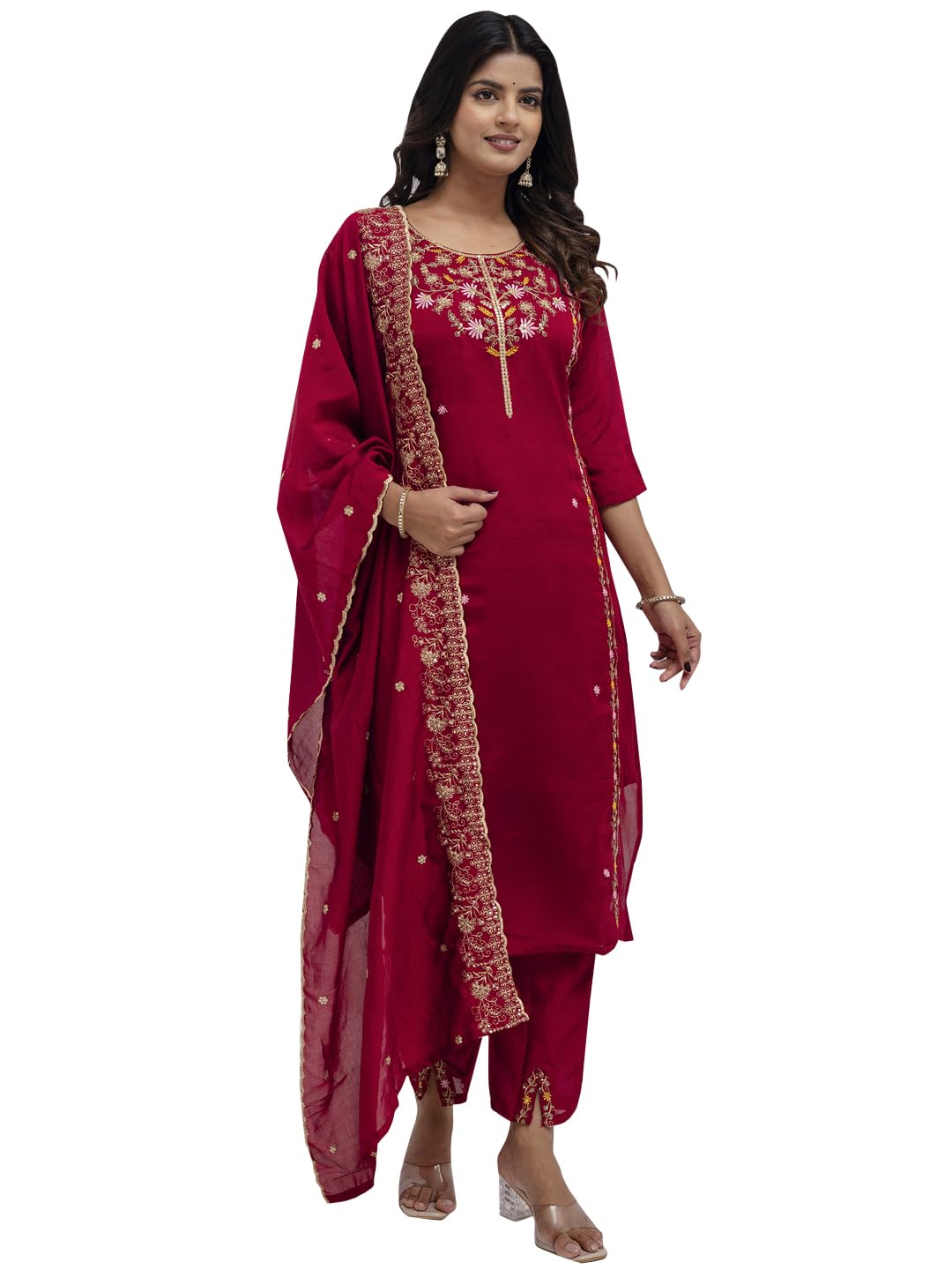VredeVogel Women's Silk Blend Embroidery Kurta Pant Set with Inner & Dupatta | Kurta Set for Women Occasions