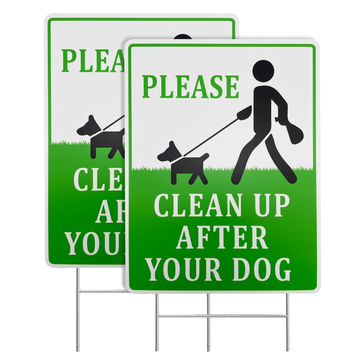 Clean Up After Your Dog Signs, 2 Pack 12"x9" with Metal H-Stakes No Poop Double Sided Pick Up After Your Dog Signs For Yard