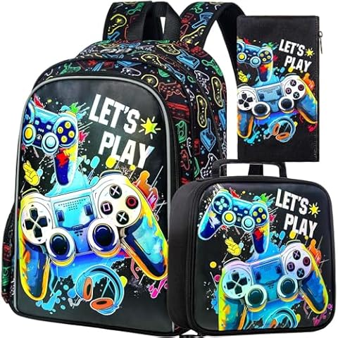 KLFVB 3PCS Boys Backpack, 16" Game Kids Bookbag and Lunch Box, Water Resistant Preschool Backpacks for Elementary Students Cover