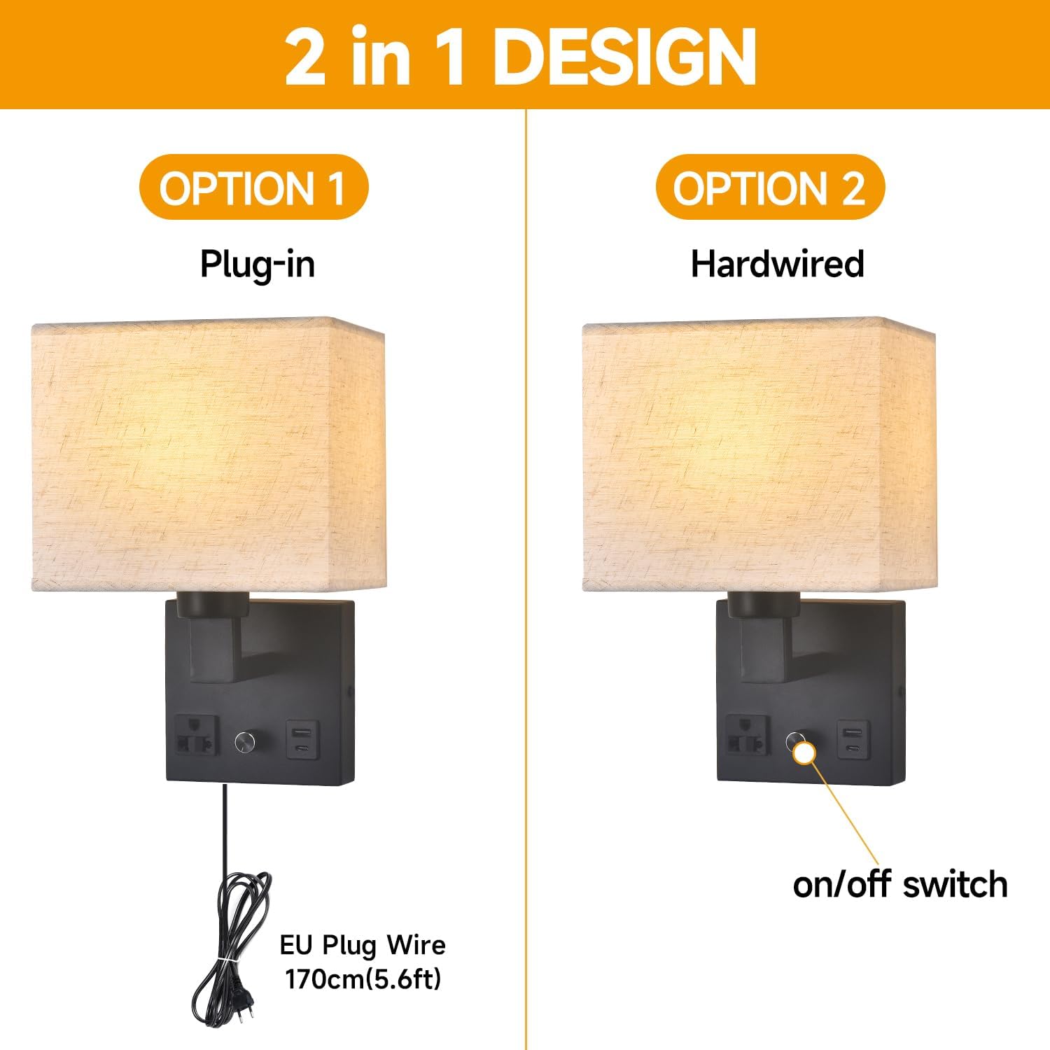 Bedside Wall Lamp for Bedroom, Plug in Wall Sconce - Dimmable Switch with AC Outlet & USB Charging Port, Fabric Shade, Black Wall Mounted Light for Living Room, Hotel