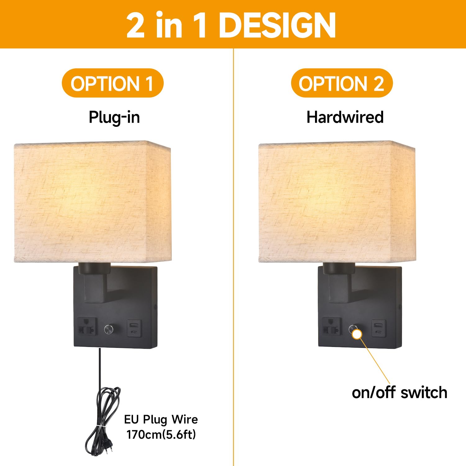 Lampa ścienowa do sypialni, lampa ścienowa do podłączenia - Przełącznik z regulacją jasności z gniazdem sieciowym i portem USB - Abażur z tkaniny - Czarna lampa ścienowa do salonu