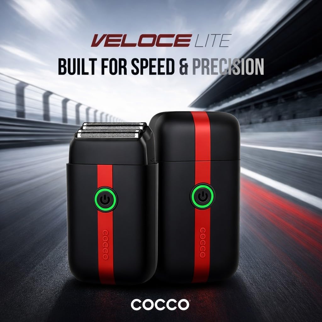 COCCO Veloce Lite Foil Shaver for Men, Electric Razor for Face, 7000 RPM High-Speed Motor, Ultra-Light Cordless Shaver, USB-C Fast Charge, Close Shave Electric Shaver for Bald & Beard (Red & Black)