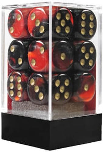 Chessex Chessex D&D - Juego de dados DND de 0.630 in, juego de dados poliédricos de plástico Géminis, negro, rojo y dorado, incluye 12 dados D6,