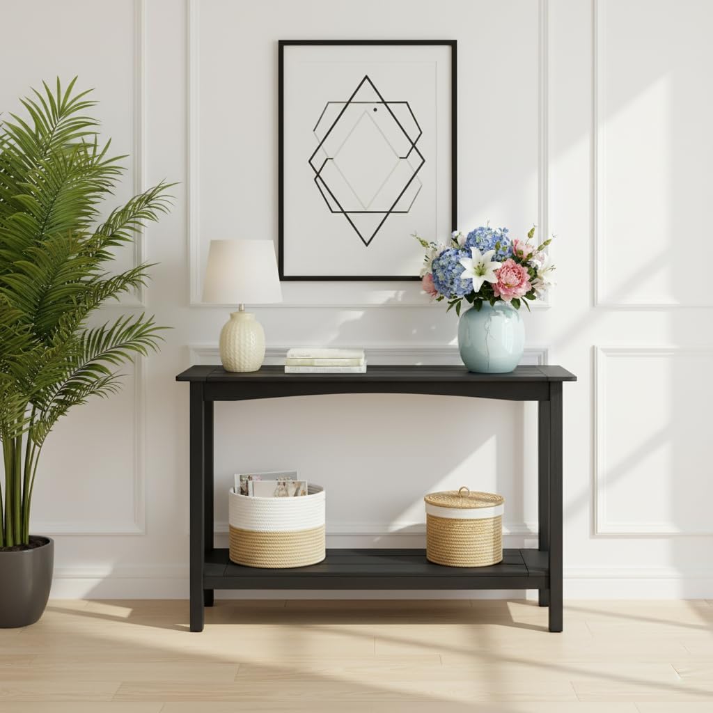 Weatherproof HIPS Outdoor Console Table, 48'' 2-Shelf Side Table Indoor/Outdoor Use, Multifunctional Buffet Table Bar Storage Organizer for Entryway,Yard, Outside Plant Stand Table, Black