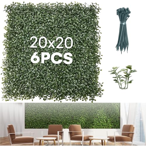 flybold Grass Wall Panels Pack of 6 - Artificial Boxwood Panel & Greenery Backdrop for Indoor & Outdoor Decor - Durable High-Density Polyethylene, Easy Installation with Included Cable Ties - 20