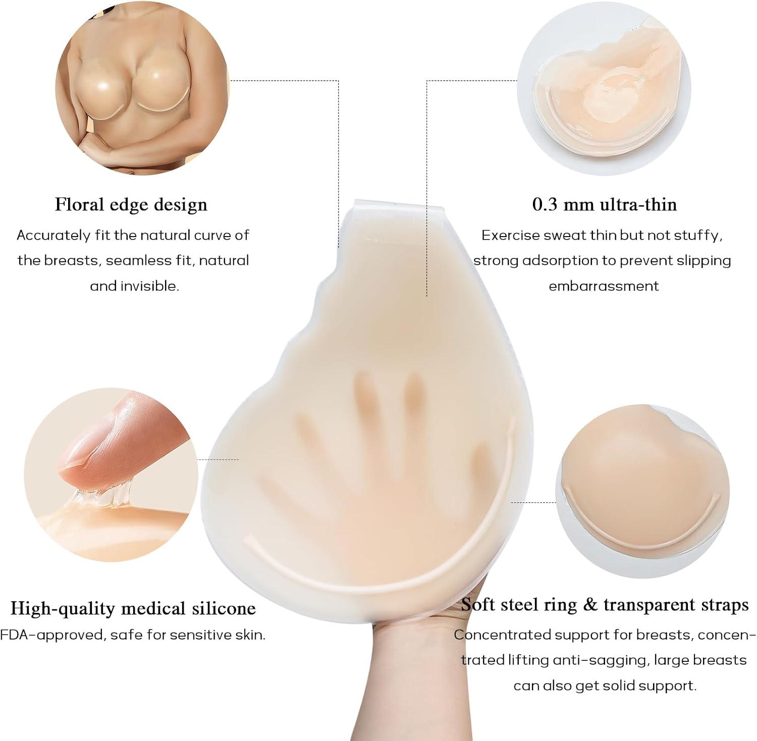 Invisible Lift Sticky Bra for Large Breasts - Women's Seamless Backless Strapless Push Up Adhesive Silicone Bra