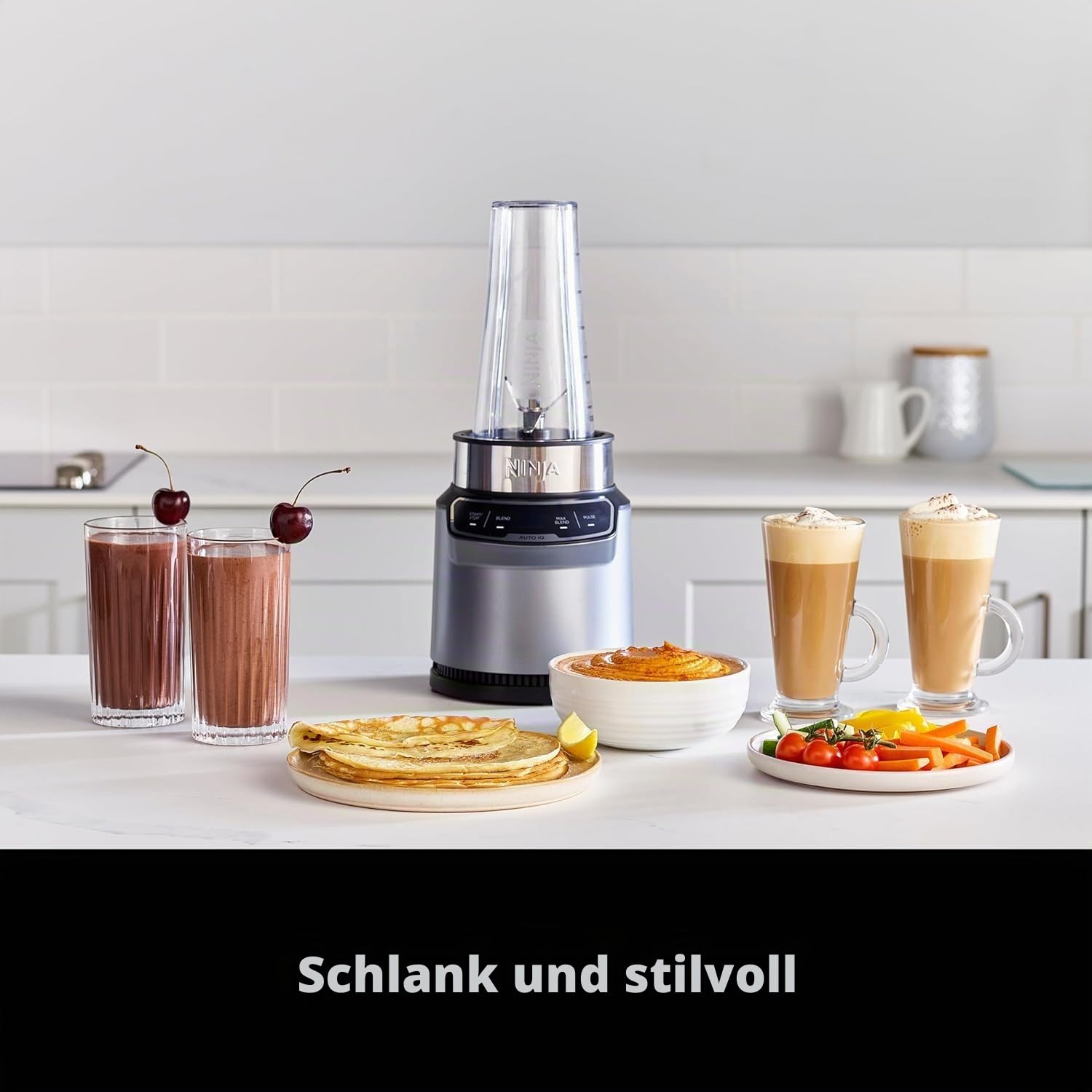 Ninja BN500UK Mixer mit Auto-iQ, Mix-in-Becher, One-Touch-Steuerung, Smoothies, Milchshakes und gefrorene Leckereien, spülmaschinenfeste Teile, Edelstahlklingen, 1000 W, 2 x 700-ml-Tassen, grau/silber
