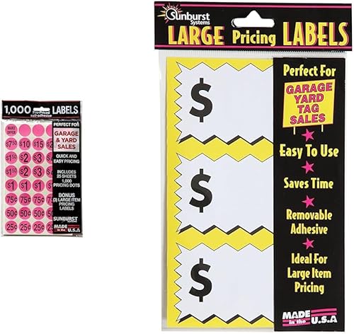 Sunburst Systems 7035 calcomanías de venta de garaje, 1,000 etiquetas preimpresas, rosa y 7071 calcomanías de precios de artículos grandes, 75