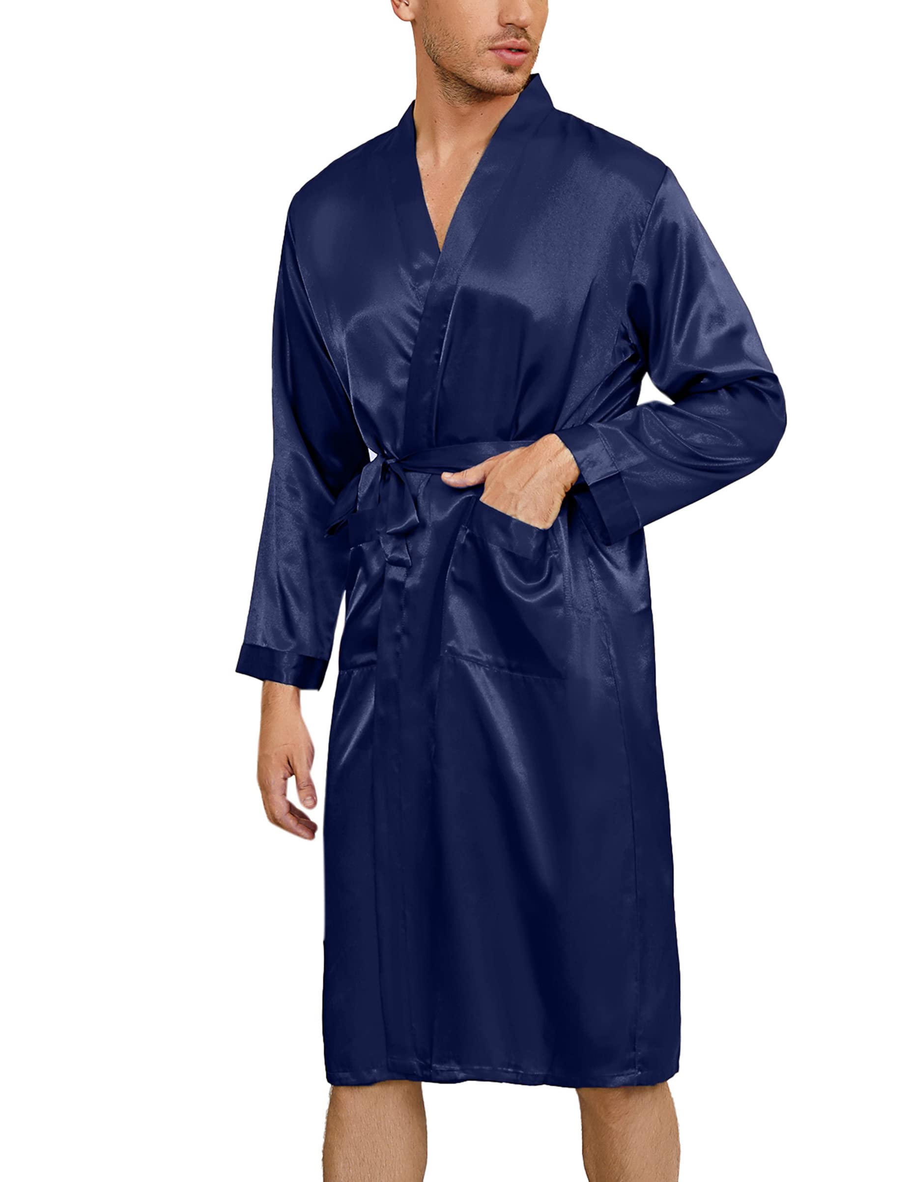 Accappatoio Uomo In Raso Lungo Kimono – Edith Qi, Vestaglia Morbida Da Bagno E Pigiama, Taglie L-XXL, Multicolore - 4