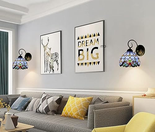 Miniatura 7 de Tiffany - Juego de dos apliques de pared con pilas, control remoto para interiores, regulables, color azul, funciona con pilas, lámpara de pared