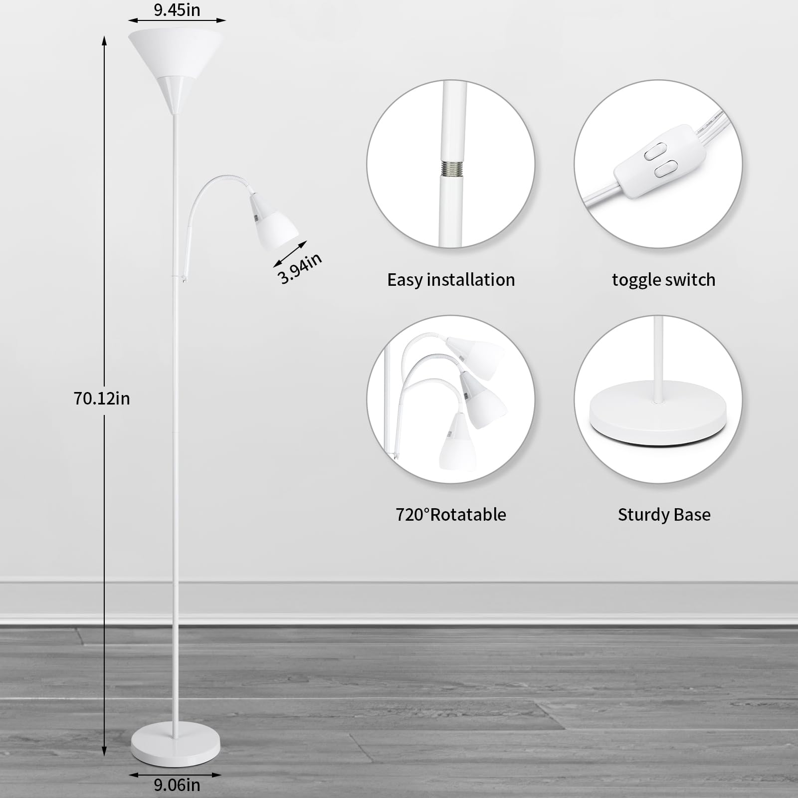 White Floor Lamp Standing Lamp with Frosted Plastic Shade, 6W Main Light & 5W Reading Lamp for Living Room, Bedroom, Office, LED Bulbs Included (White)
