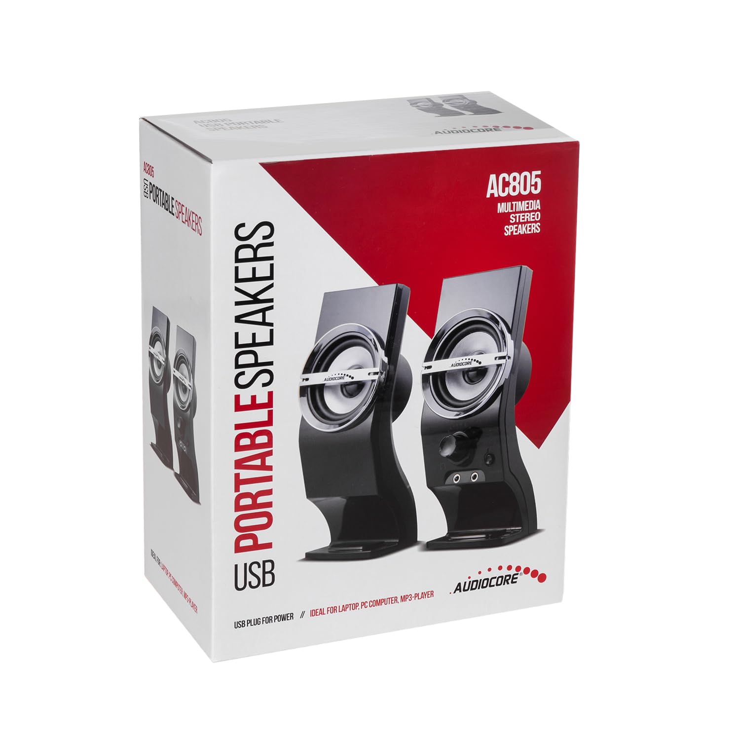 Audiocore AC805 Eleganckie Głośniki Stereo 2.0, Czarno-Srebrne do Komputera, Podświetlane LED Gamingowe do Laptopa na USB 6W, MiniJack