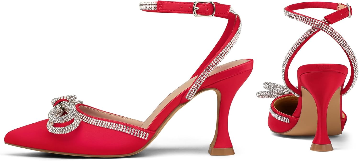 mysoft Women's Rhinestone Bow Pumps Wedding Dress Shoes Pointed Toe Ankle Strap Kitten Heels - Image 4
