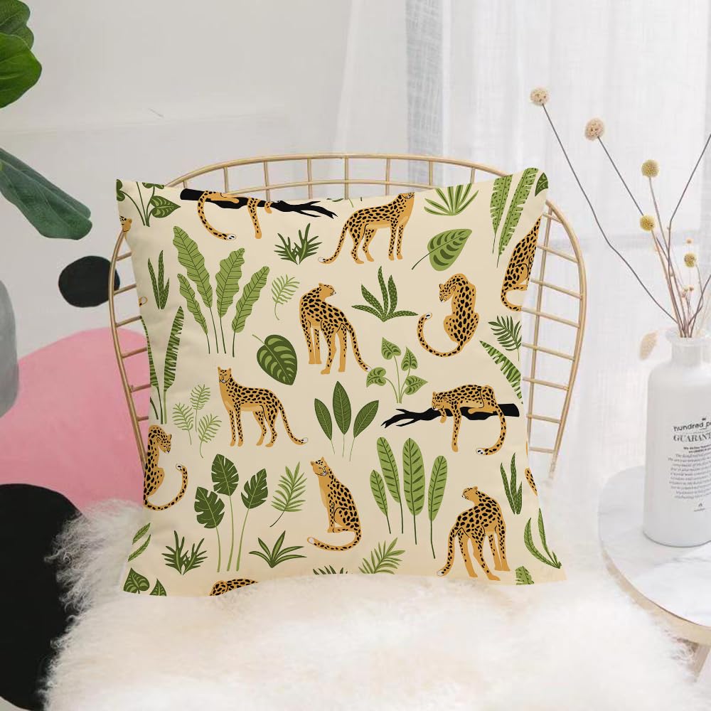HYOSXW Cushion Cover,Throw Pillow Case Home Decorative for Living Room Bedroom Sofa Chair 16X16 Inch,Cheetah and tropical plants on yellow background,Pillowcase 40X40cm