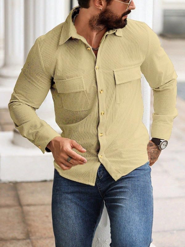 Image of Men Corduroy Casual Jacket Full Sleeve Self Design Button Front with Spread Collar, Woven Cord Lining and Two Pockets for Casual Outings