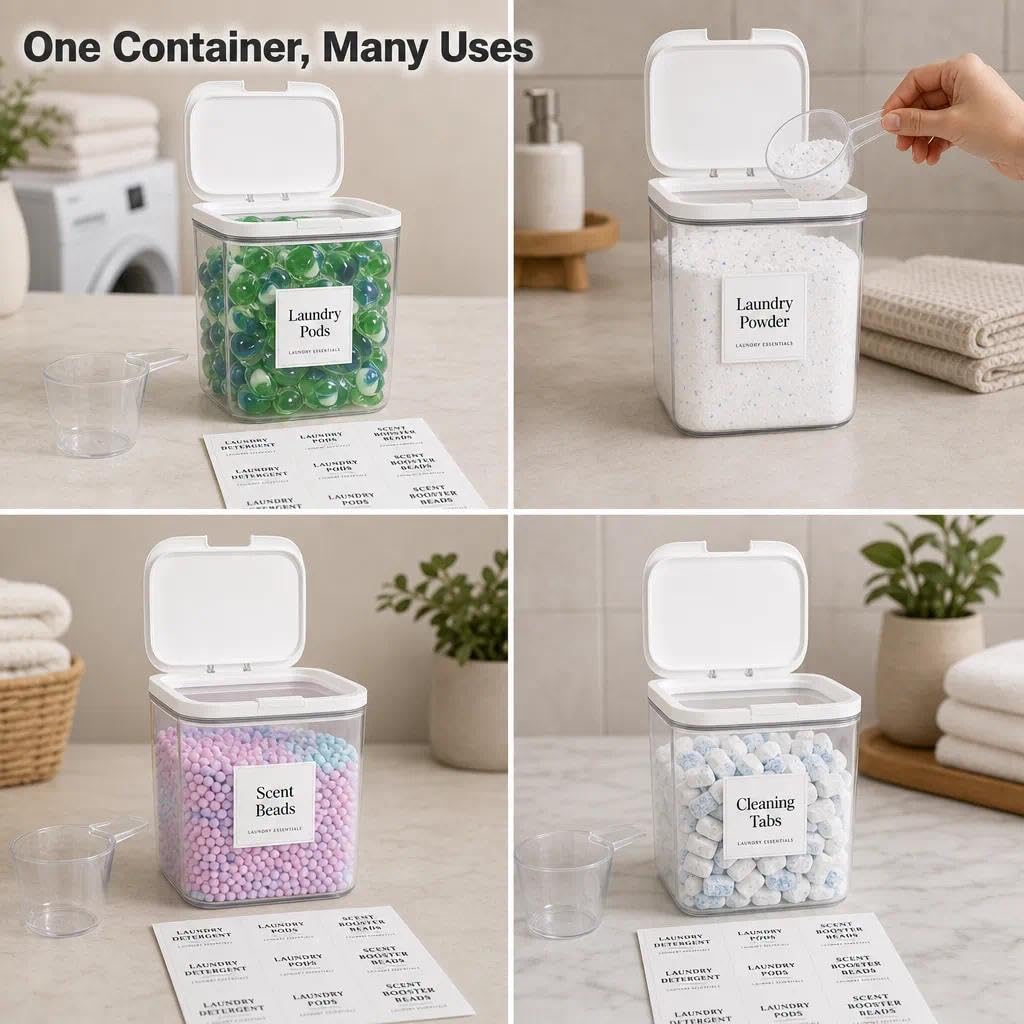 Contenitore per detersivo, contenitore per bucato, contenitore ermetico riutilizzabile, per perline di bucato, polvere di bucato, farina di riso, 5,5 l, trasparente e bianco