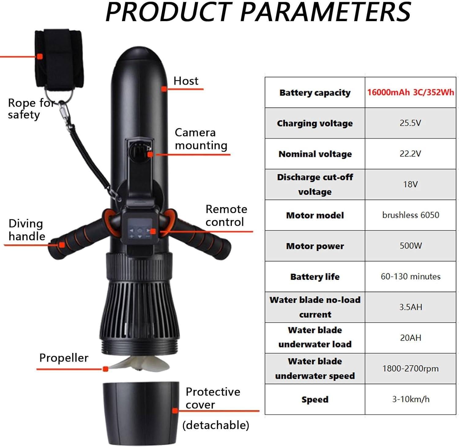 Scooter Subacqueo, Booster per Nuoto Subacqueo, Set di Propulsori Subacquei Senza Spazzole da 130 Minuti, Scooter Elettrico Subacqueo da 10 Km/H, per Piscina per Sport Acquatici,1000mAh