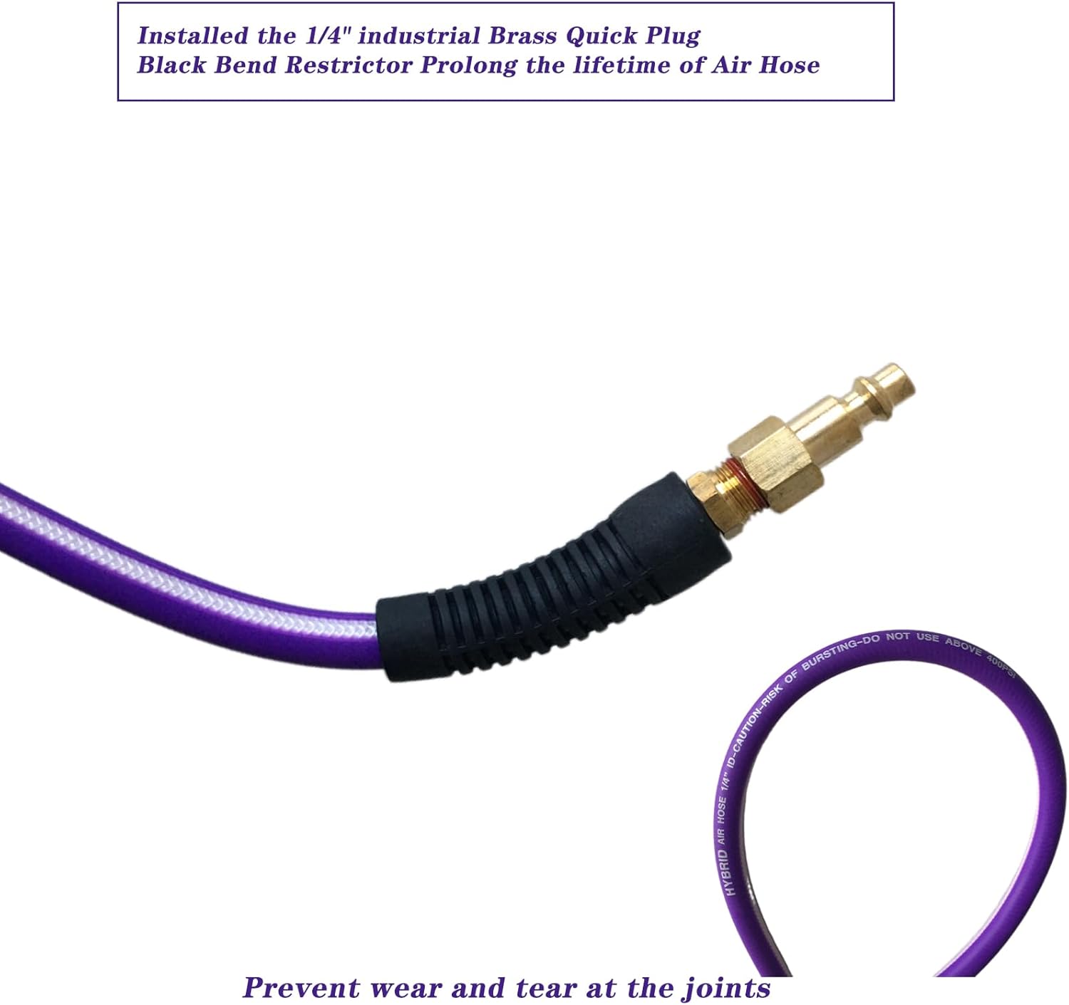 Air Hose 1/4 in x 10 ft, Heavy Duty, Lightweight, Kink Resistant, Hybrid Air Compressor Hose with 1/4 in Solid Brass Male Fittings, Bend Restrictors, 400 PSI(10FT, Purple White)
