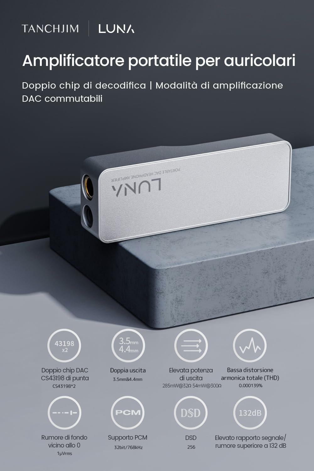 TANCHJIM Luna Amplificatore cuffie portatile USB HiFi con DAC duale CS43198 ad alta risoluzione, decodifica 32Bit/768kHz DSD256, uscite 4.4mm e 3.5mm per smartphone/PC/laptop/lettori audio domestici