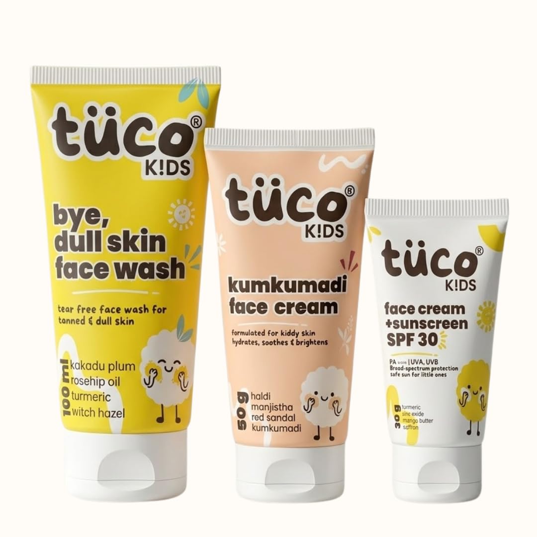Tuco® Kids Dull Face Kit for Boys & Girls | 3-Step Facewash, Kumkumadi Face Cream & SPF 30 Sunscreen | Turmeric, Kakadu Plum, Saffron & Manjistha | De-Tan & UV Protection | Paraben Free | Ages 3-15-image-24