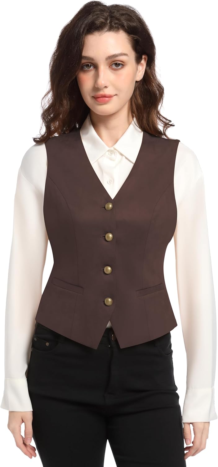 V VOCNI Women's Faux Suede Vest Cowgirl Western Vest Leather V Neck Slim Fit Fashion Casual Waistcoat Top - Image 4