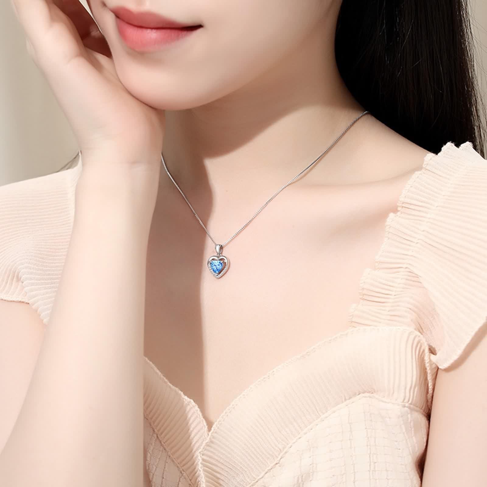 Collana con Ciondolo A Cuore, Collana Donna Lunga Blu Topazio Catenina Gioielli Vero Oro Bianco 9K/14K/18K con Moissanite Oro Bianco 40+5cm