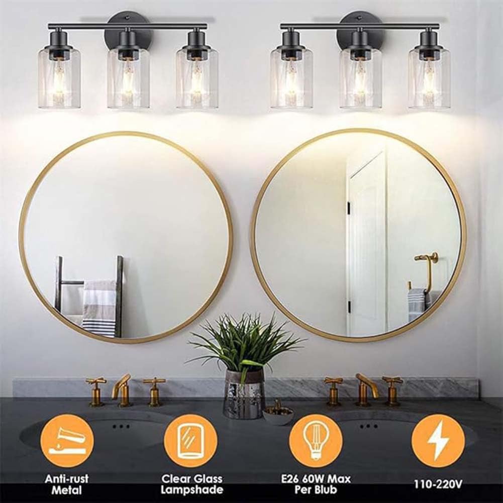 3 Flammig Wandlampe Glas Schirm Schwarz Badezimmerleuchte Retro Industriell Wandleuchte Innen Wasserdicht Spiegellampe Indoor Vintage Wandbeleuchtung E27 für Wohnzimmer Schlafzimmer