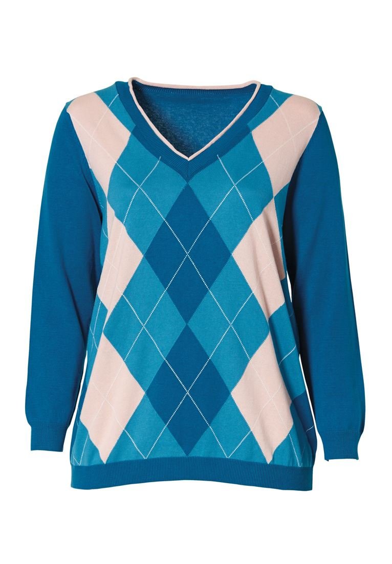 Ellos Women's Plus Size V-Neck Argyle Sweater Exotic Peacock Oasis,1X