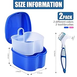 KISEER 2 Pack Denture Bath Case Cup Box Holder Storage Container with Denture Cleaner Brush Strainer Basket for Travel Cleaning (Blue and Pink)