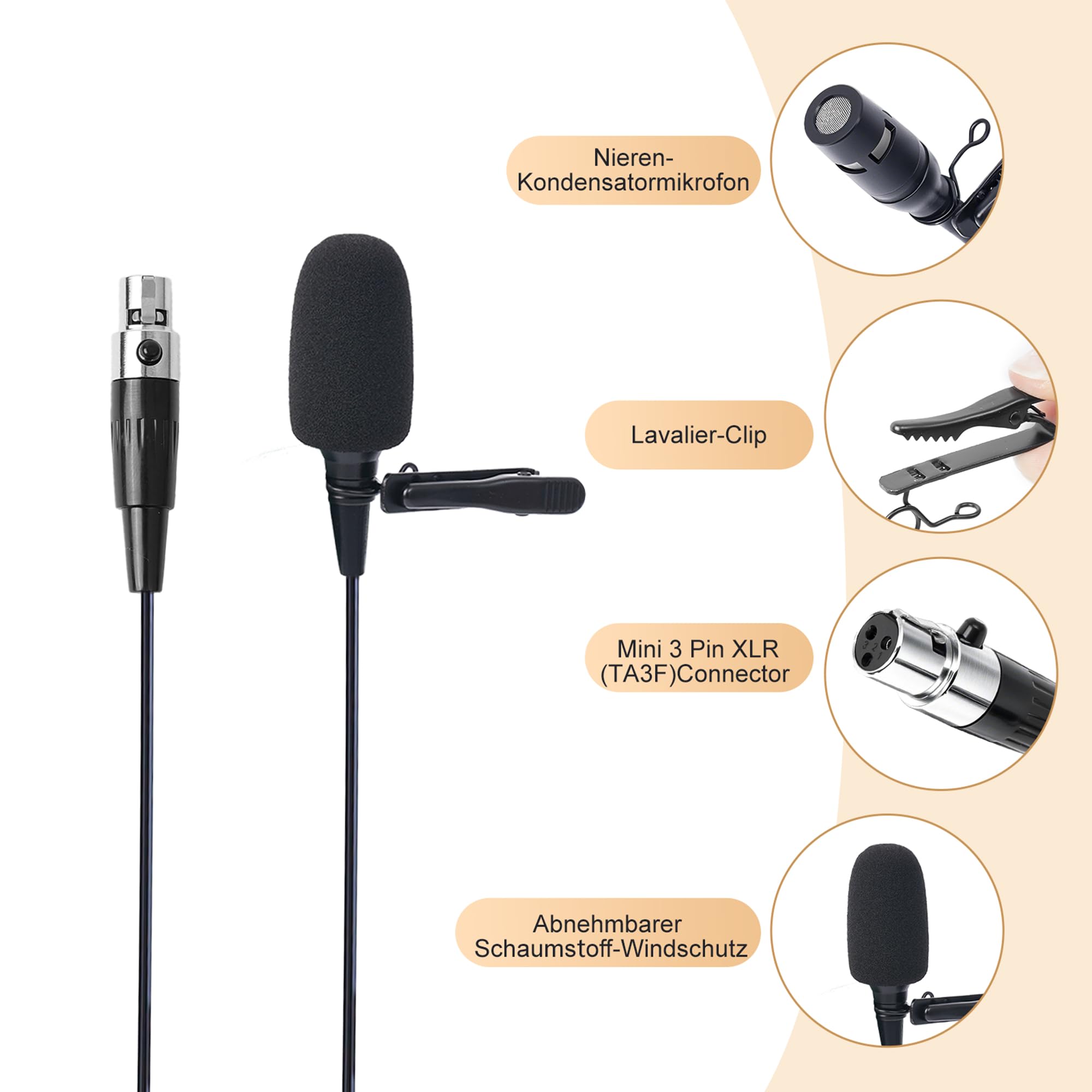 Lavalier-Mikrofon, Nieren-Kondensator Ansteckmikrofon kompatibel mit AKG/Samson Wireless Systemen, Mini 3 Pin XLR Stecker, ideal für Vorträge, Theater und Schauspieler