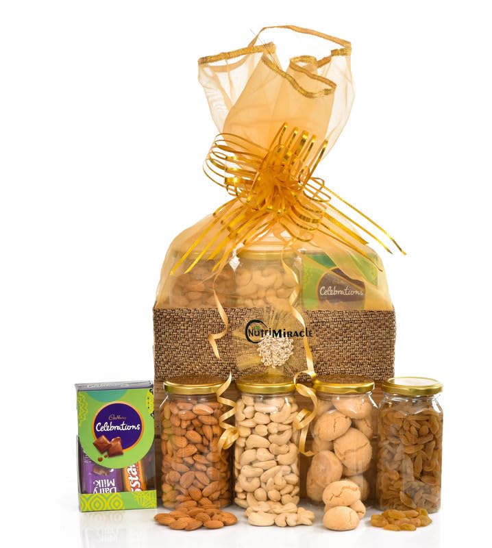 Image of NUTRI MIRACLE Diwali Gift Hamper Dry Fruits Chocolates Nuts with Laddu Candles for Corporate Boss