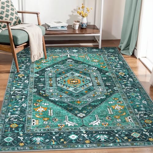 SERISSA Boho Area Rug 5x7 Teal, Washable Large Rugs for Living Room, Ultra Soft Non-Slip Bedroom Rug Print Distressed Vintage Tribal Farmhouse Carpet Rug for Dining Room Dorm Office Home Decor