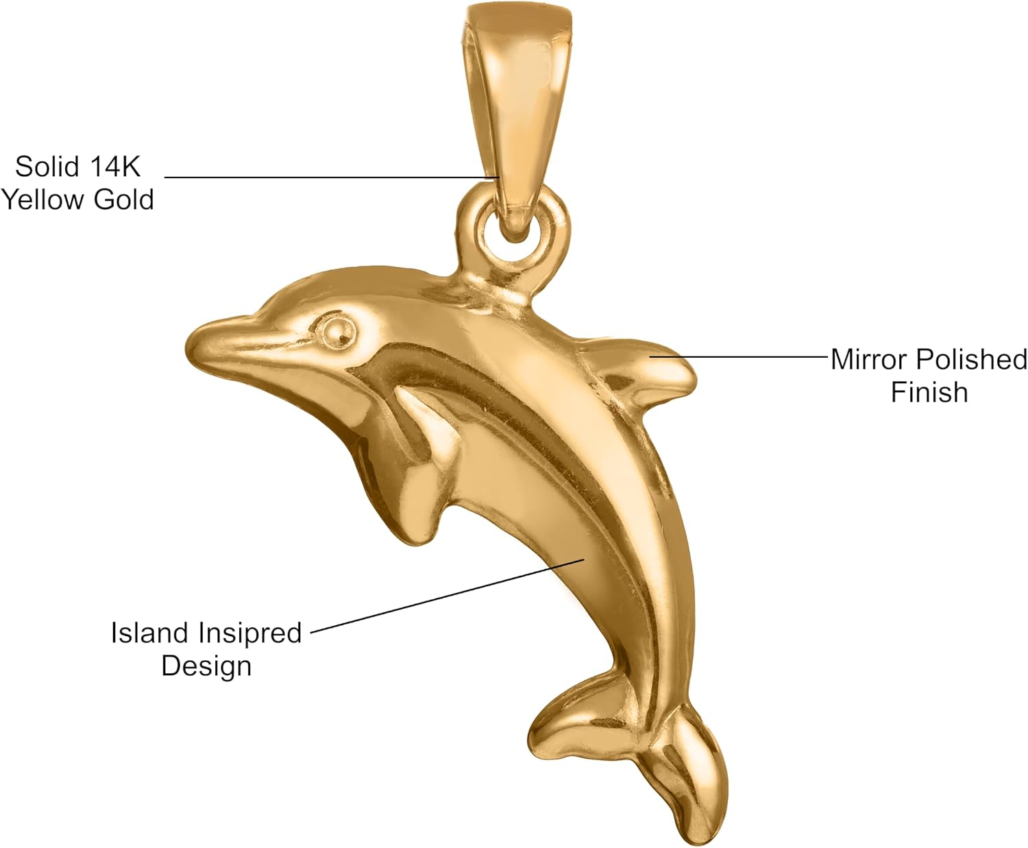 14K Solid Yellow Gold Mirror Polished Hawaiian Dolphin Pendant Charm, For Mom Daughter Girlfriend, Nickel Free Hypoallergenic for Sensitive Skin, Gift Box Included