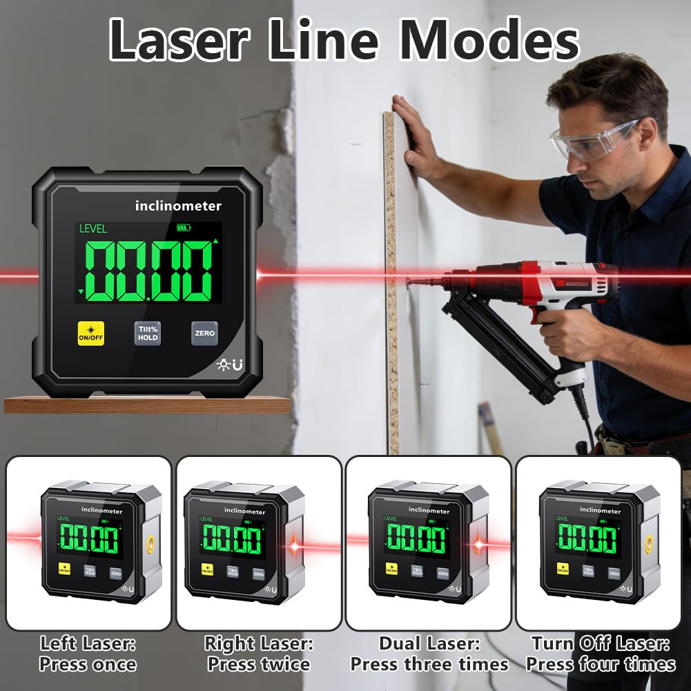 Flintronic Magnetyczny cyfrowy detektor kątowy, cyfrowy inklinometr z laserem elektronicznym, mocny 4-stronny magnetyczny kątomierz z wyświetlaczem LCD, do obróbki drewna, prac, maszyn
