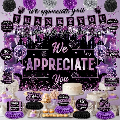 Image of Purple We Appreciate You Decorations Black Purple Thank You for All You Do Banner Honeycomb Centerpieces Hanging Swirls Employee Staff Appreciation Gift Pastor Teacher Doctor Graduation Party Decor