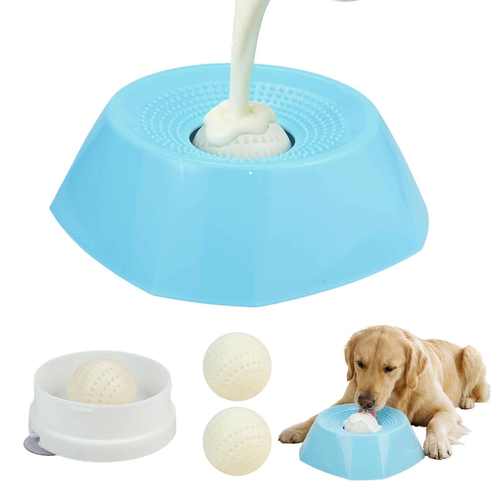 Dog Licking Bowl with Ball - Octagonal Dog Lick Bowl with Replace Ball & suction cup, Durable PP Anti-Slip Removable, Dog Lick Toy for All Dog Breeds Bone Broth, Post-op Nutrition, Blue