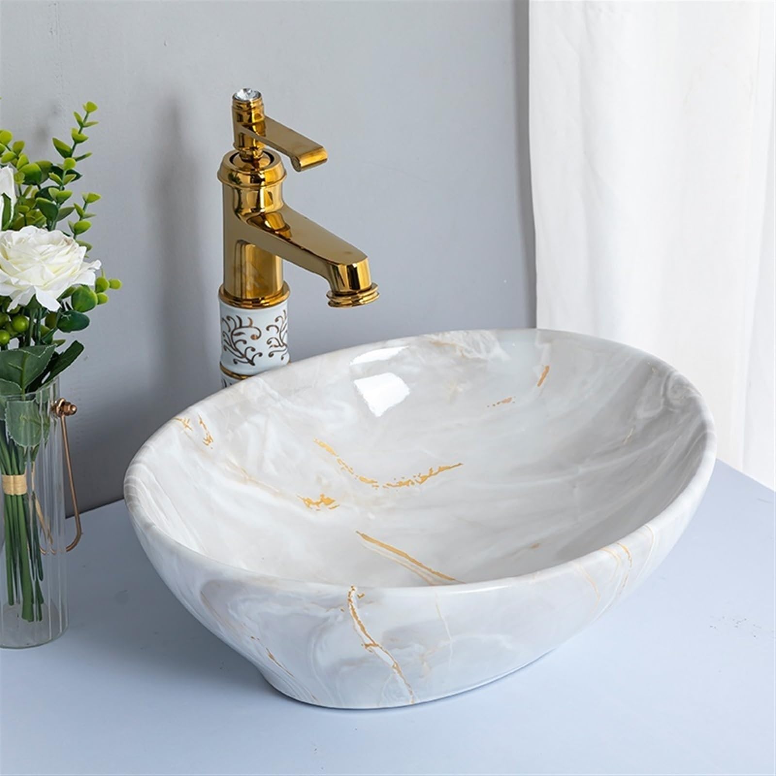 Lavabo de tocador Art Basin Lavabos de baño pequeños, Lavabo con encimera de cerámica con Textura de mármol de imitación, Lavabo con Accesorios Lavabo de baño