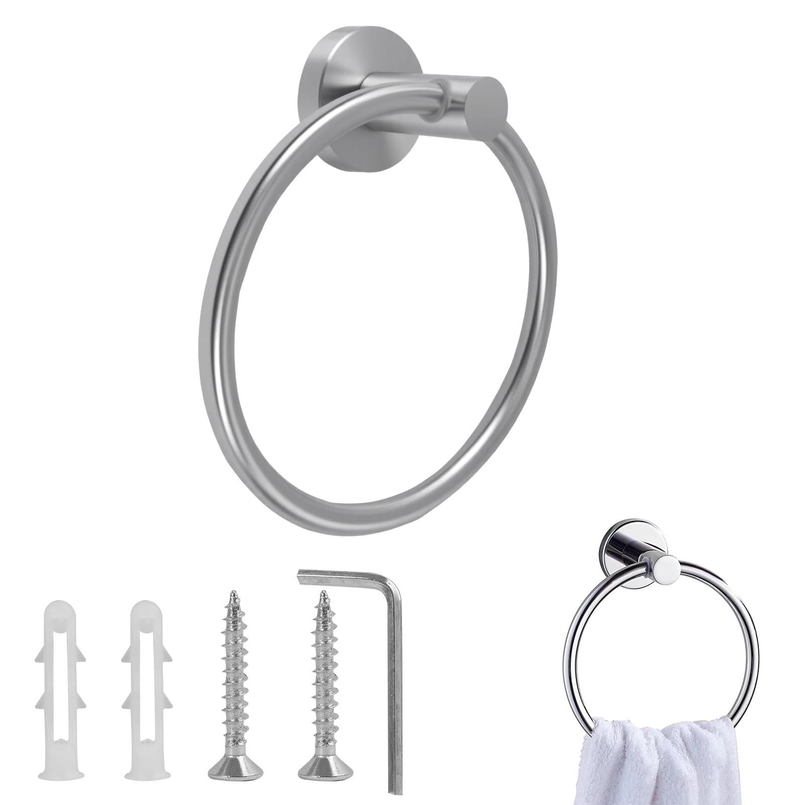 Brushed Nickel Bathroom Towel Ring - SUS304 Stainless Steel Towel Rack, Adhesive Wall Mounted Hand Towel Holder, Towel Hanger for Bathroom Organization and Kitchen Storage