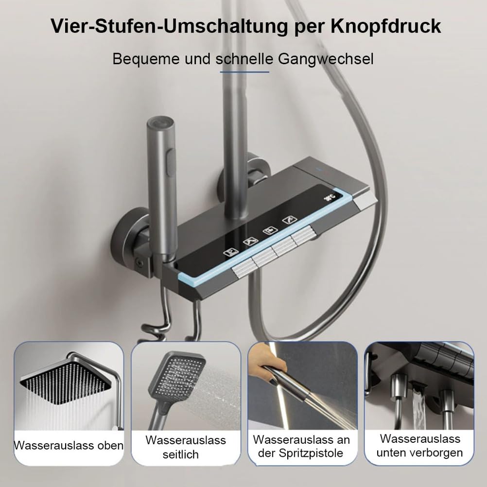 Saliscendi Doccia 4 Tasti, soffione Quadrato per Bagno Domestico | Finitura metallo grigio metallizzato, 4 modalità acqua a tasti,Soffione quadrato, altezza regolabile per bagno casa