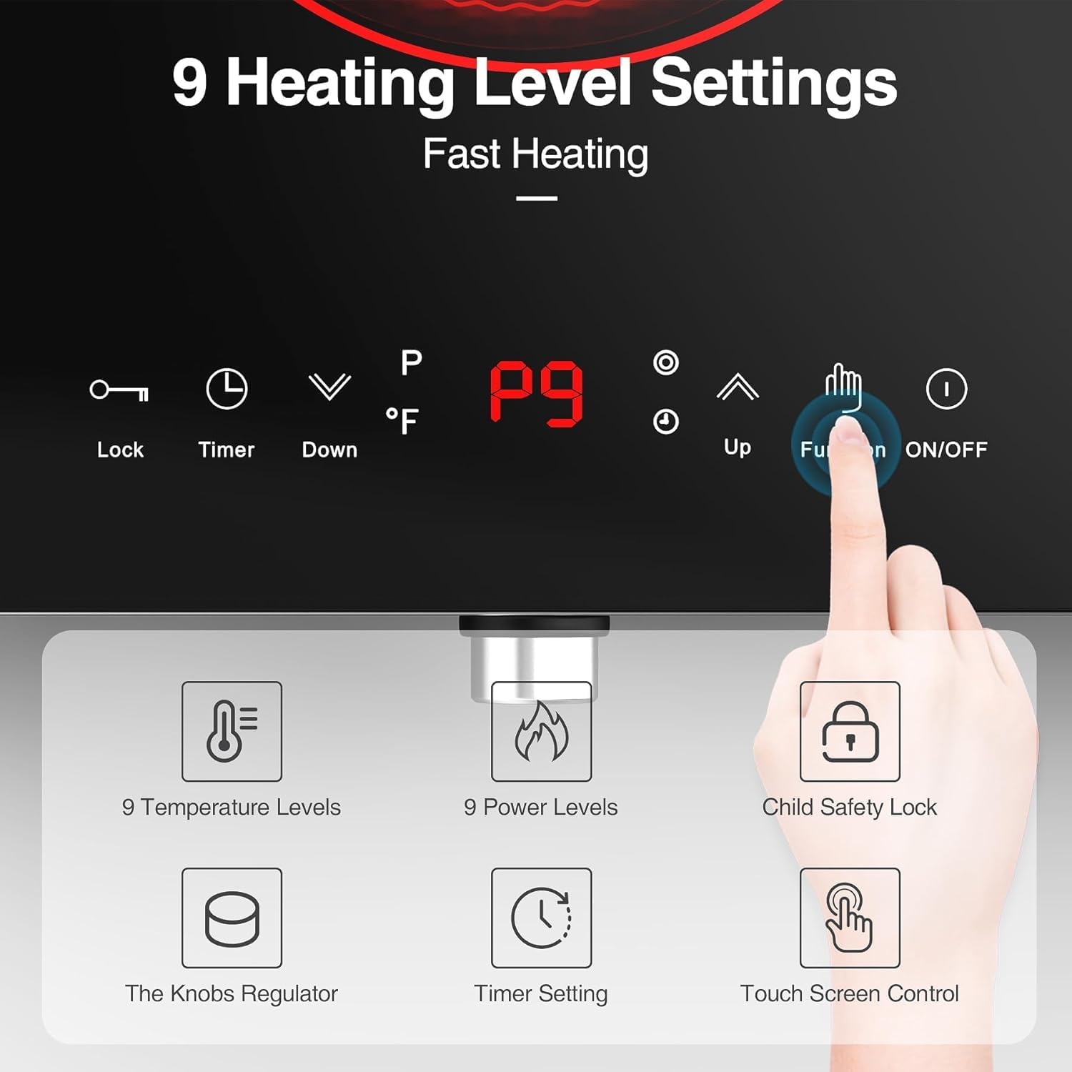 VBGK 2 Ring Electric Hob with Handle, 3520W Ceramic Hob 2 Zone, Double Electric Ceramic Hob Countertop, Safety Lock & 3H Timer, 220V-240V Plug in — view 8